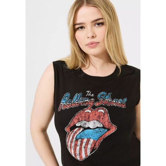 The Rolling Stones Women's Cropped Tank Top American Flag Logo Graphic Black 2X - Picture 4 of 10